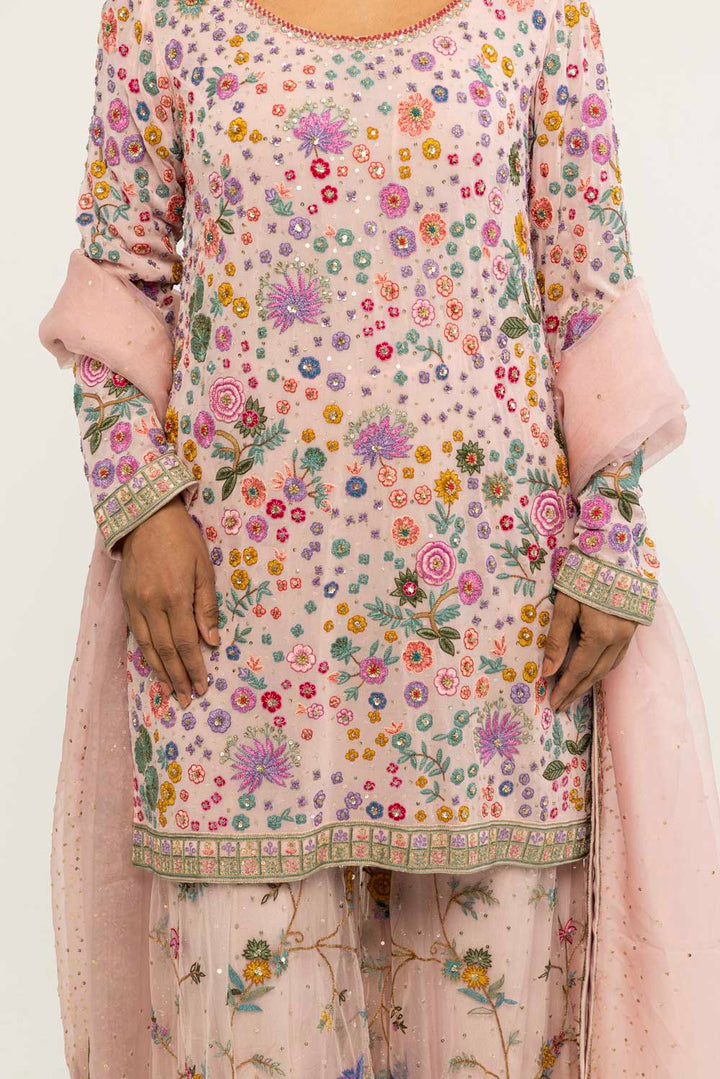 Haveli Hand-Embroidered Sharara Set in Lavender