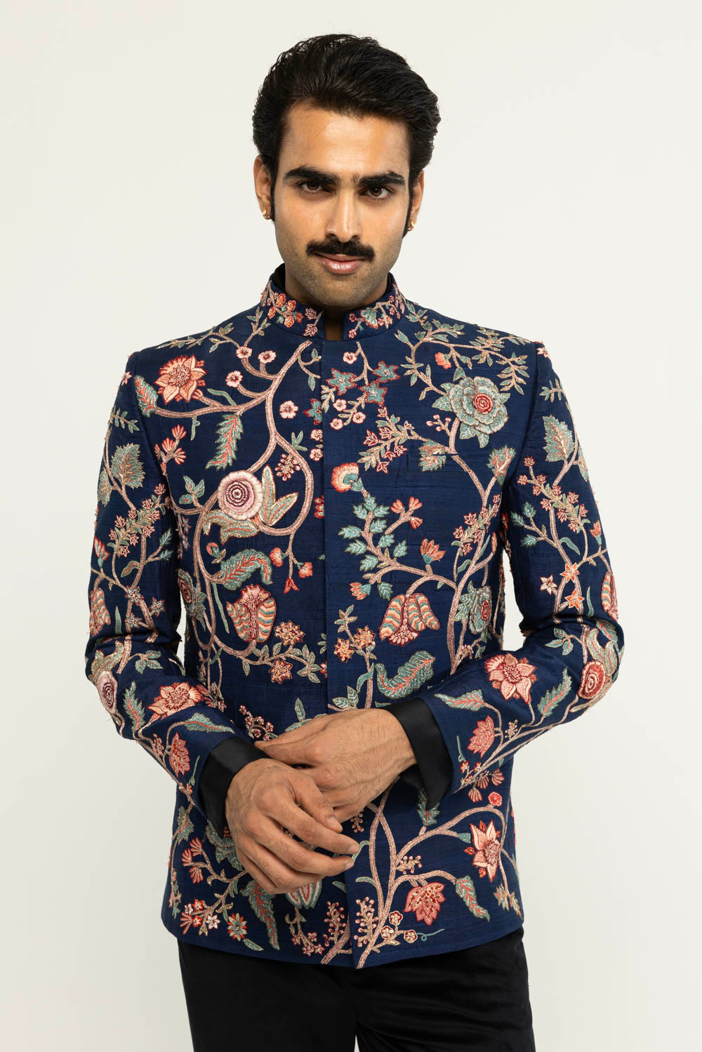 Anar Bel Hand-Embroidered Bandhgala in Navy
