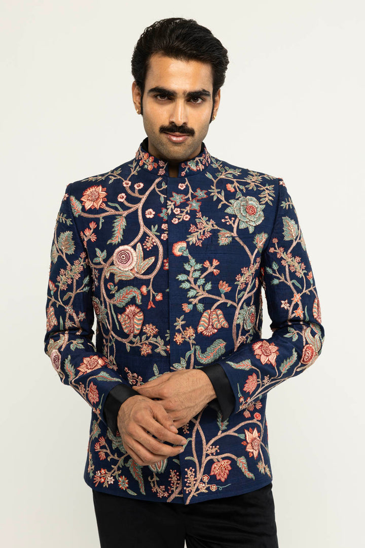 Anar Bel Hand-Embroidered Bandhgala in Navy