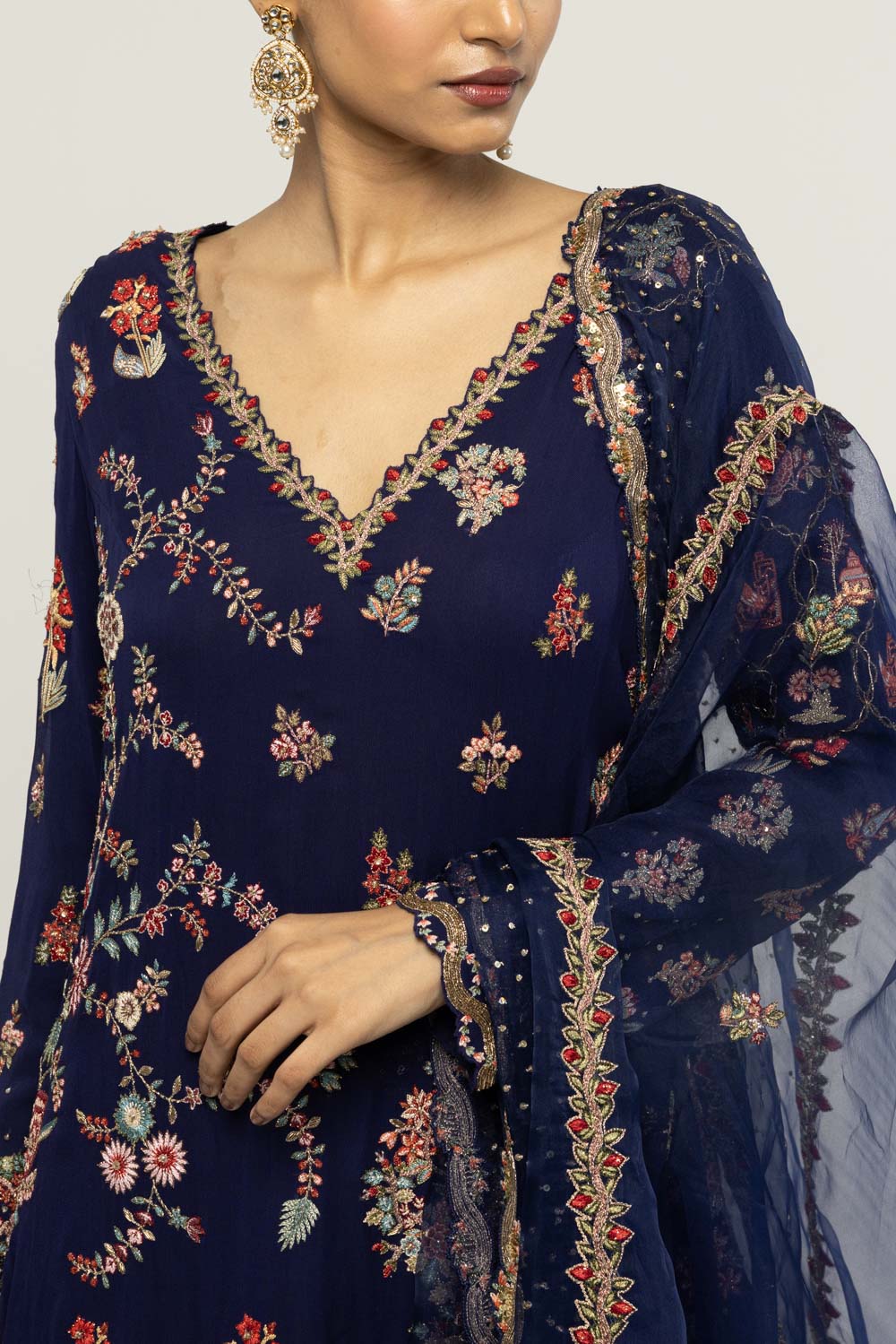 Chintz Hand-Embroidered Kurta Set in Navy