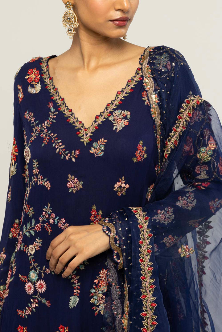 Chintz Hand-Embroidered Kurta Set in Navy