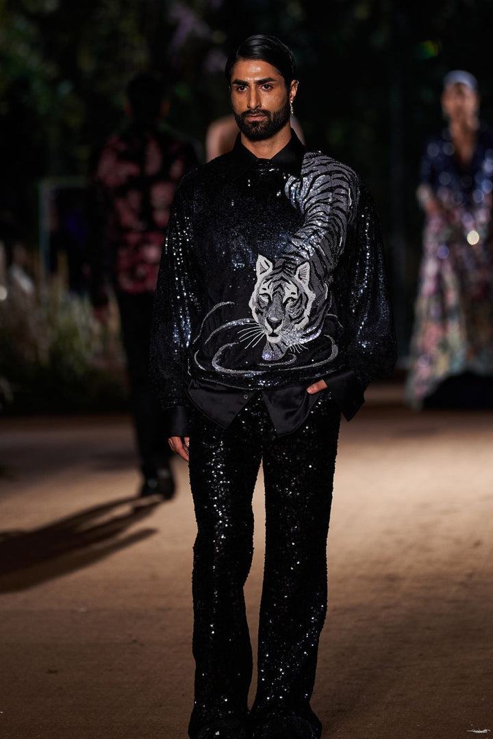 Sundarbans Hand-Embroidered Shirt with Sequinence Hand-Sequinned Trousers in Black and Silver