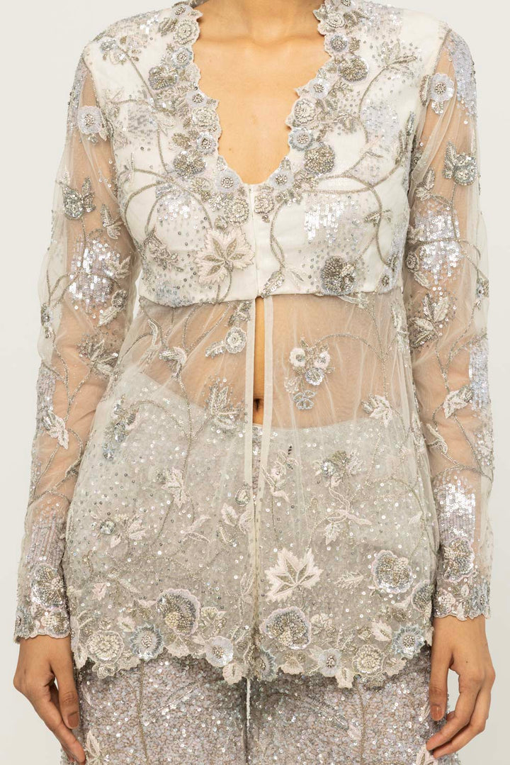 Anar Bel Hand-Embroidered Jacket Set in Ivory