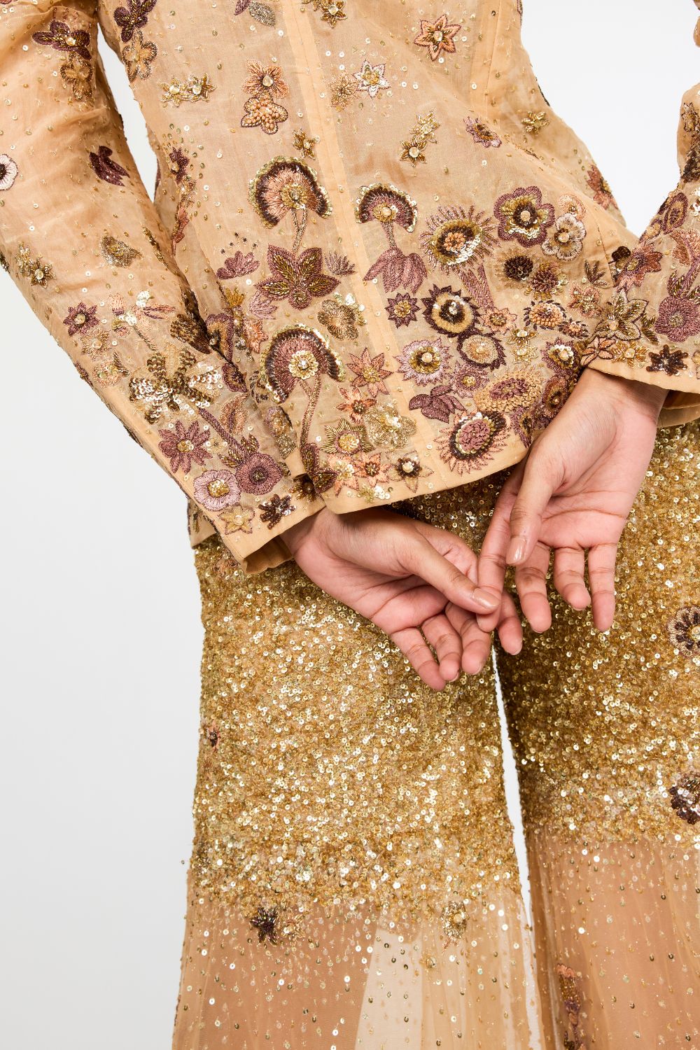 Garden Of Time Hand-Embroidered Jacket with Trousers in Nude and Bronze