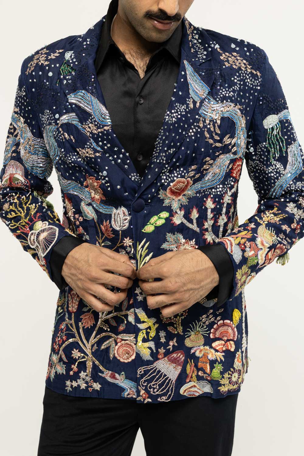 Cosmos Hand-Embroidered Jacket in Navy