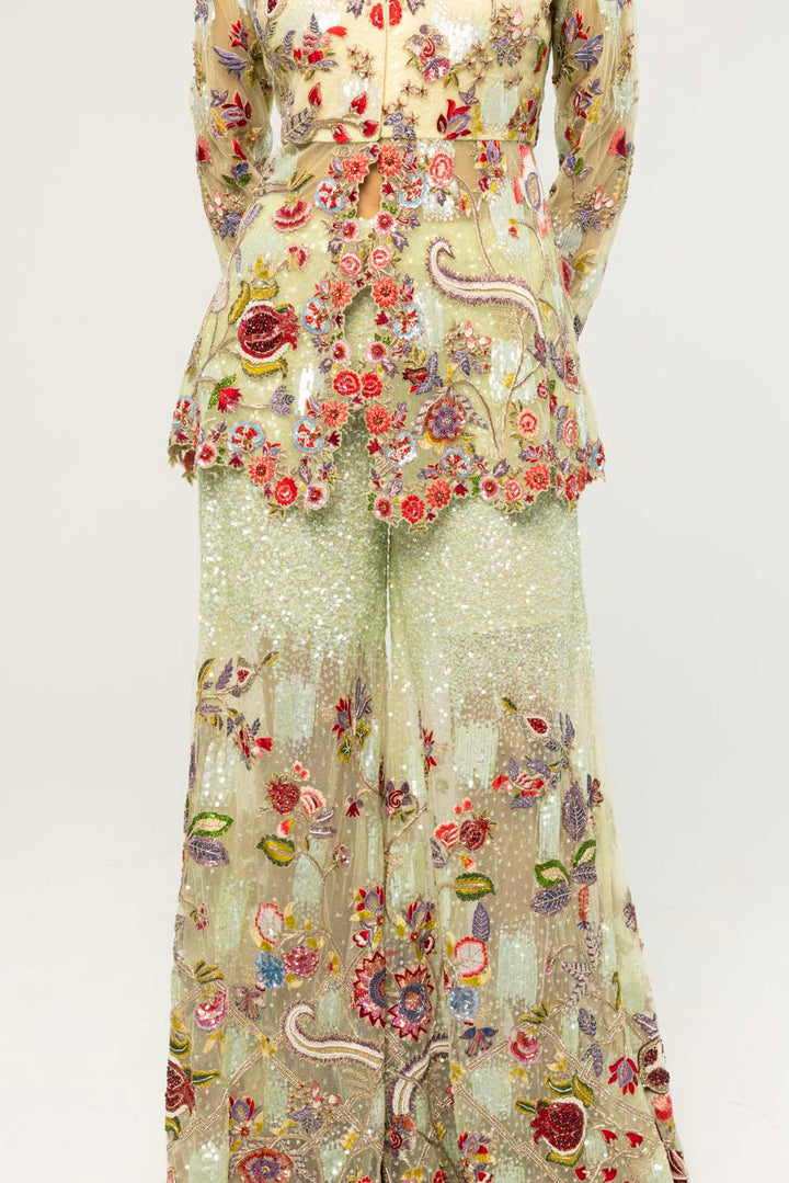 Anar Bel Hand-Embroidered Sharara Set in Apple Green