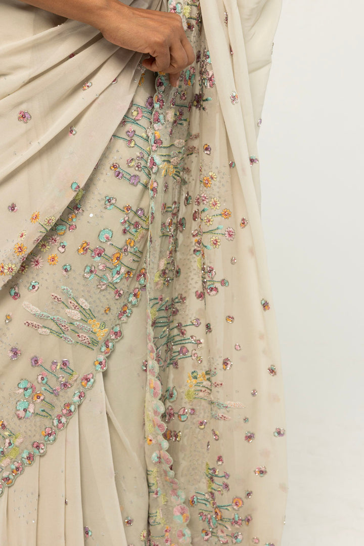 Verdure Hand-Embroidered Saree Set in Mint