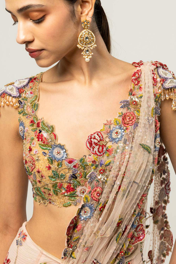 Anar Bel Hand-Embroidered Saree Set in Pink