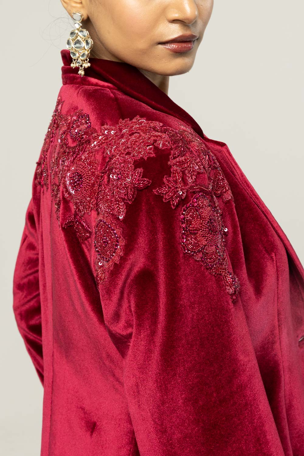 Anar Bel Hand-Embroidered Jacket in Burgundy