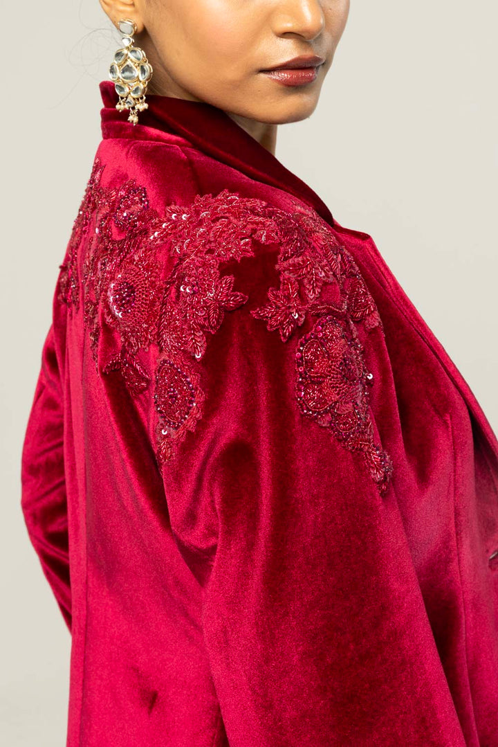 Anar Bel Hand-Embroidered Jacket in Burgundy