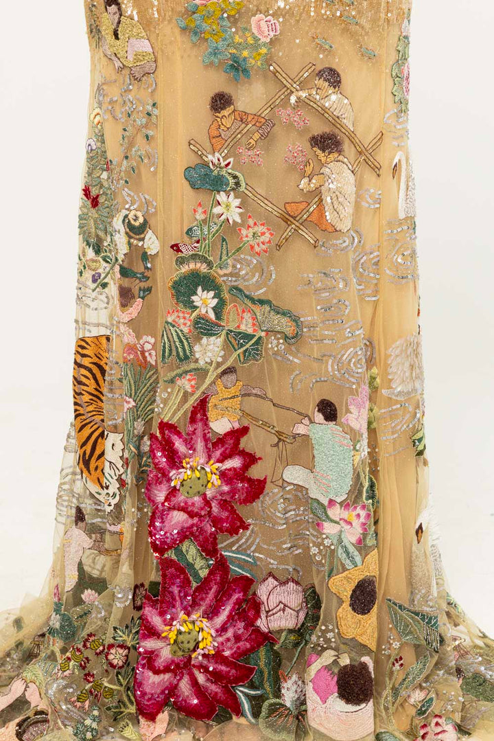 Sundarbans Hand-Embroidered Skirt Set in Nude