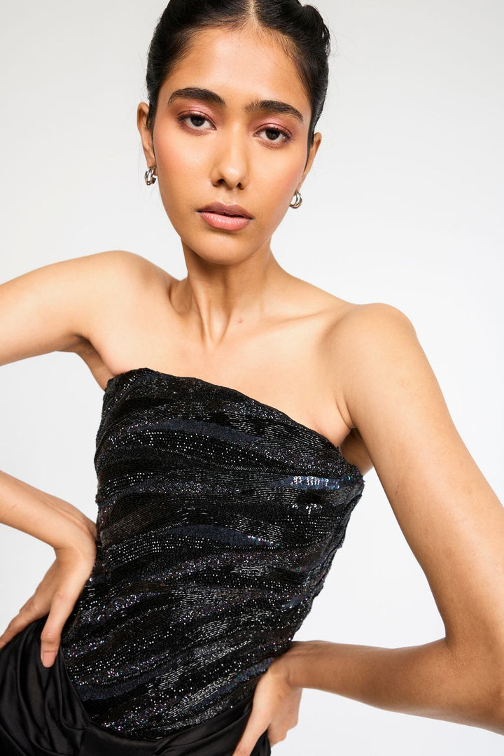 Surreal Space Black Embroidered Corset &amp; Classic Draped Skirt
