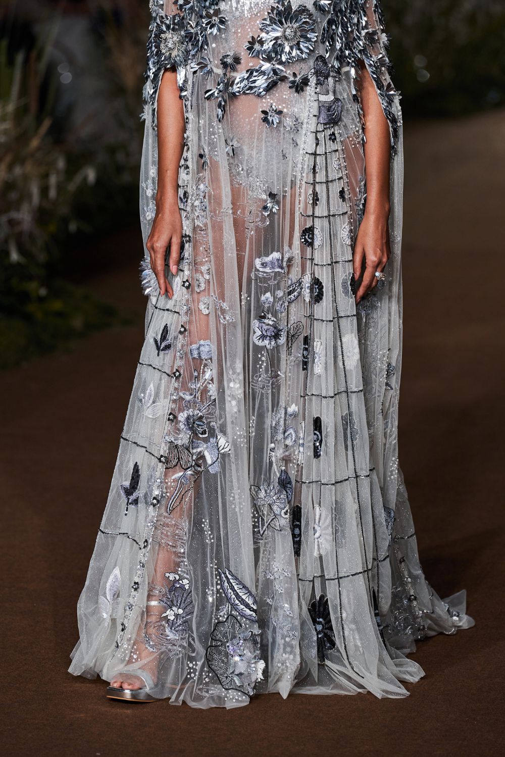 Padma Hand-Embroidered Gown with Classic Hand-Embroidered Leotard in Ivory and Silver