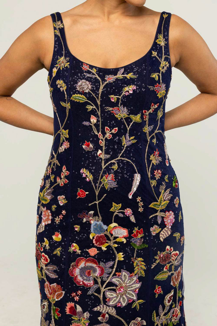 Anar Bel Hand-Embroidered Gown in Navy