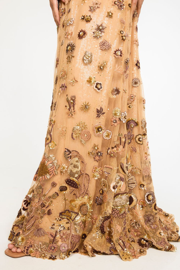 Garden Of Time Hand-Embroidered Gown in Nude and Bronze