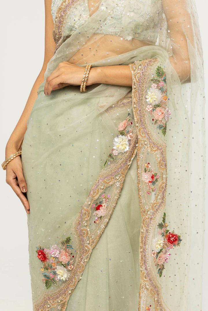 Himadri Hand-Embroidered Saree Set in Mint