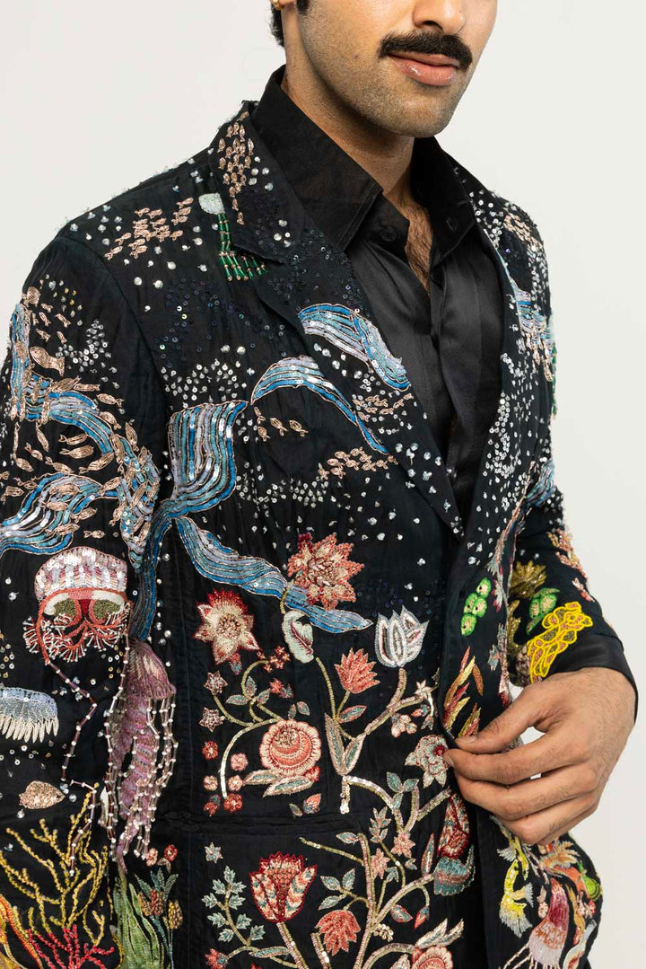 Cosmos Hand-Embroidered Jacket in Black