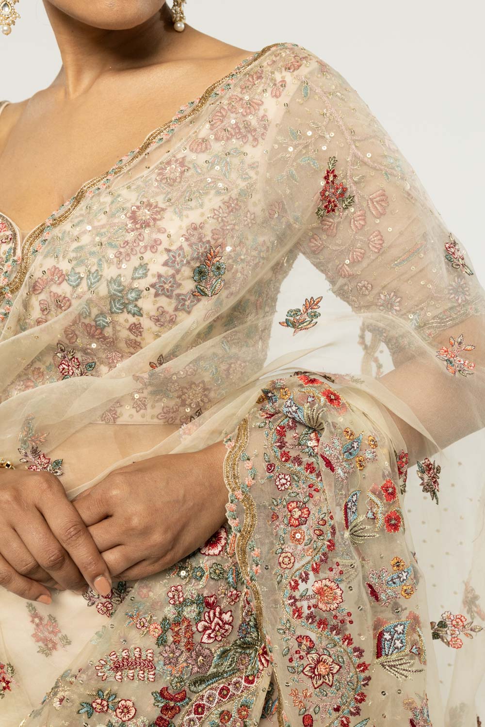 Chintz Hand-Embroidered Saree in Ivory