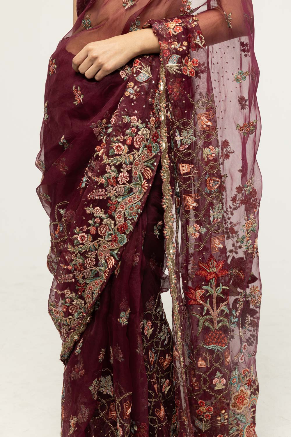Chintz Hand-Embroidered Saree Set in Burgundy