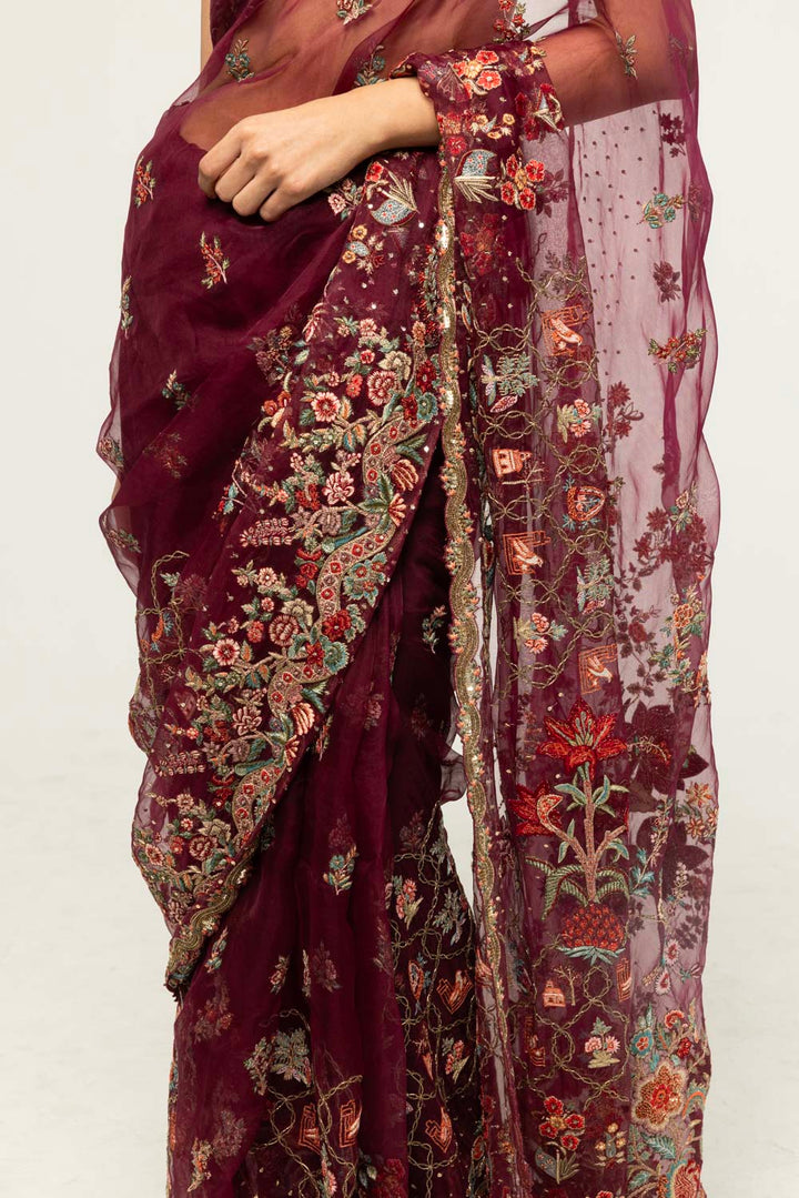Chintz Hand-Embroidered Saree Set in Burgundy