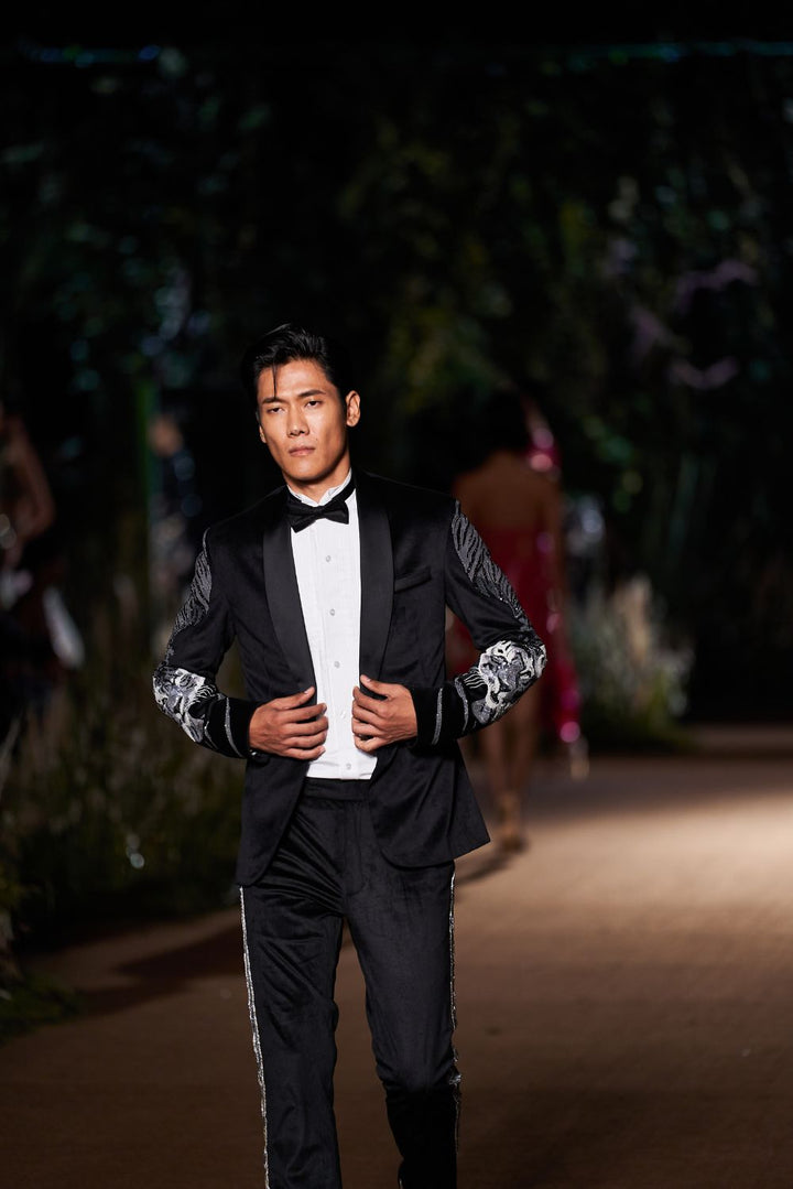 Sundarbans Silk Velvet Jacket with Classic Hand-Embroidered Shirt and Hand-Sequinned Trousers in Black and White