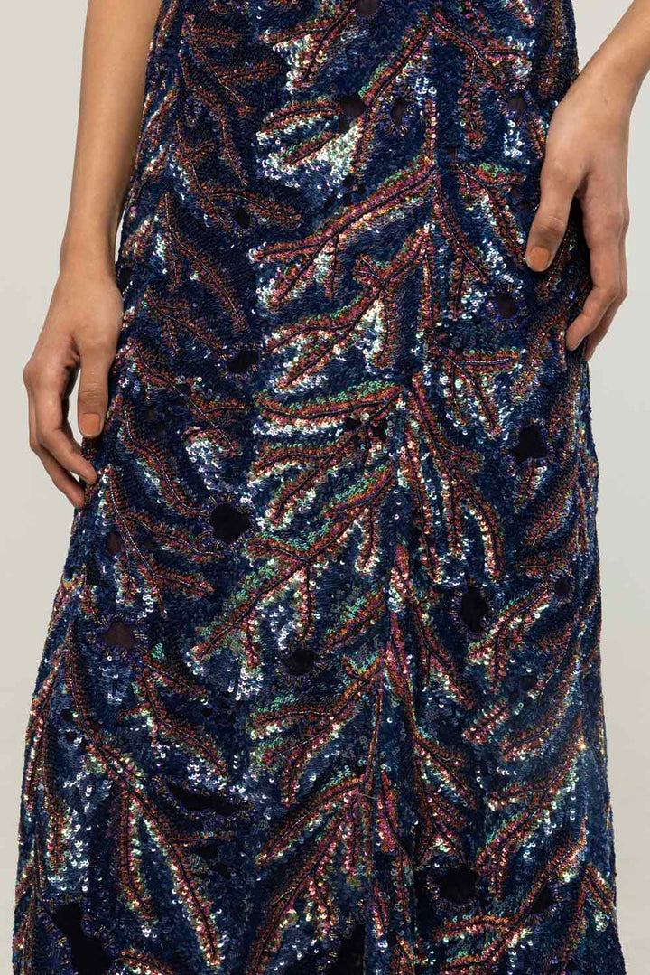 Textured Leaf Hand-Embroidered Gown in Navy