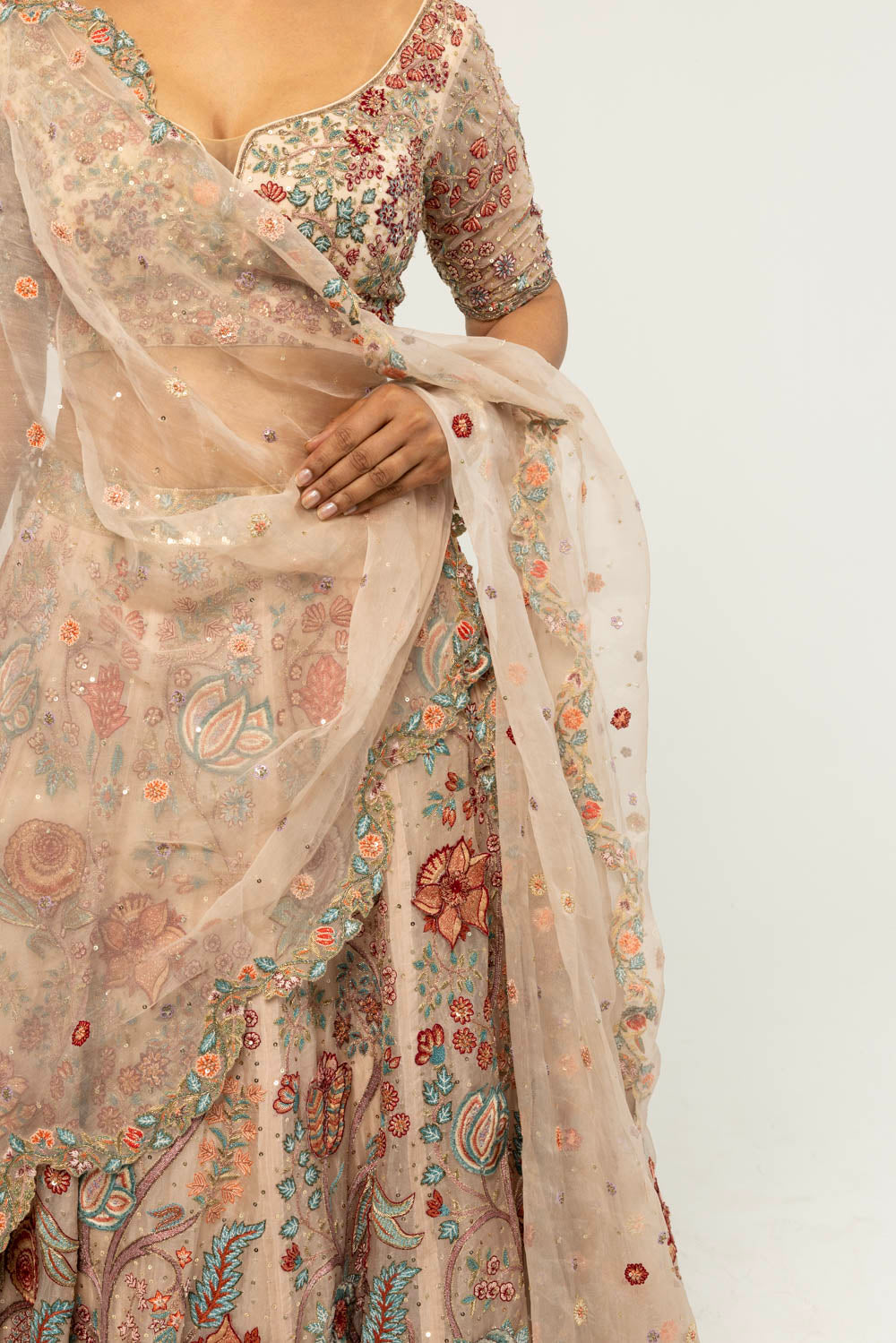 Chintz Hand-Embroidered Lehenga Set in Pastel Peach