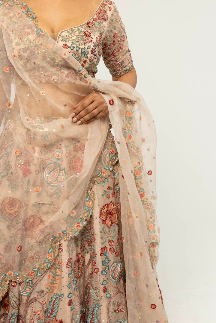 Chintz Hand-Embroidered Lehenga Set in Pastel Peach