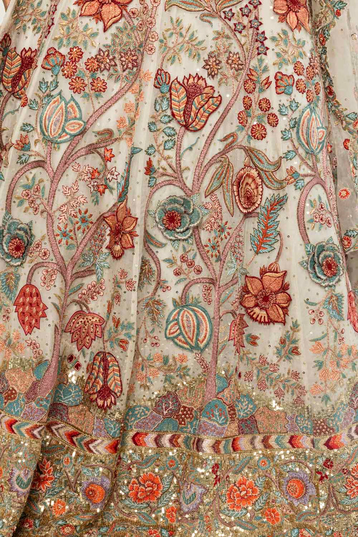 Chintz Hand-Embroidered Lehenga Set in Ivory