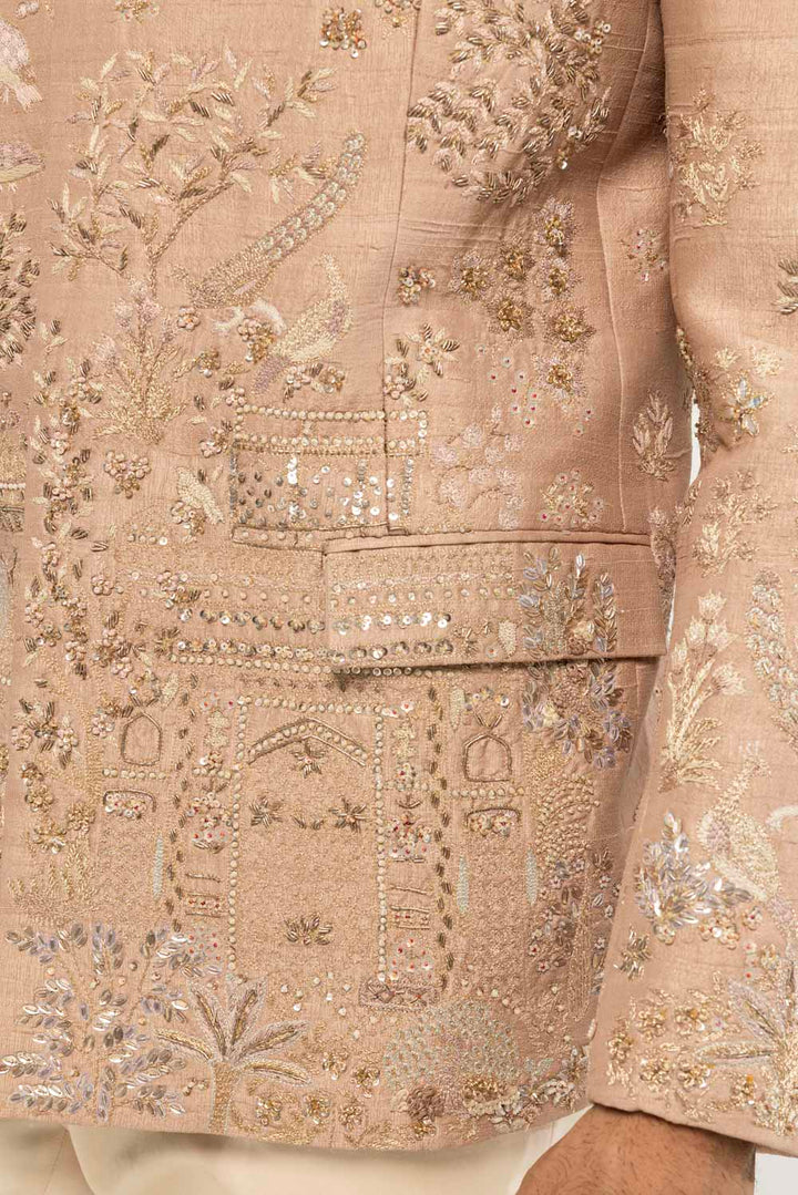 Navbhumi Hand-Embroidered Bandhgala in Pink and Gold
