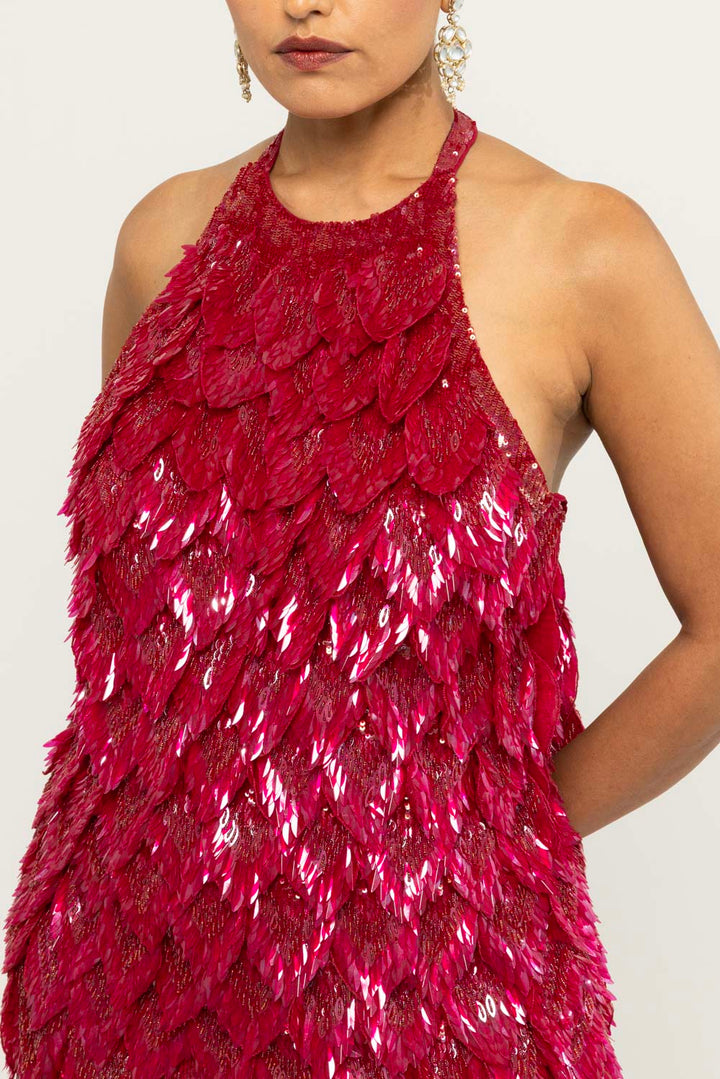 Iris Hand-Embroidered Gown in Ruby
