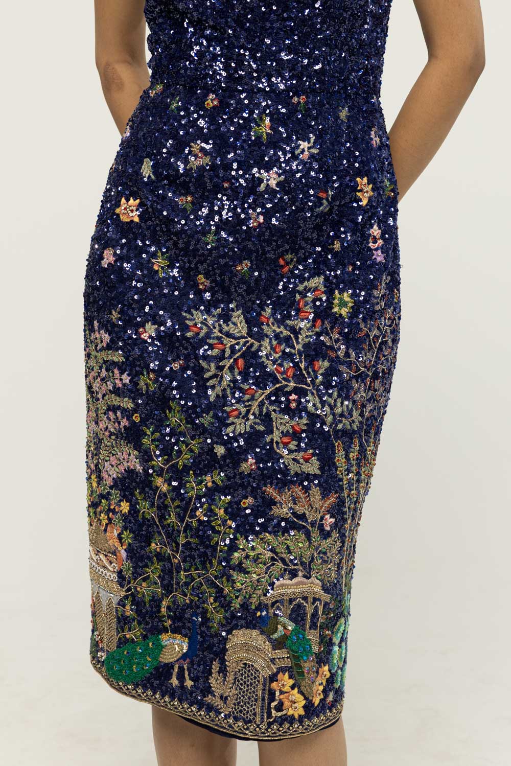 Jharokha Hand-Embroidered Dress in Navy
