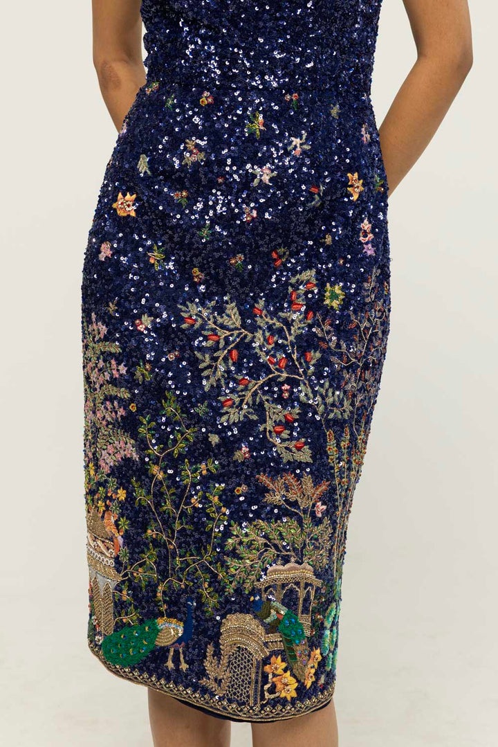 Jharokha Hand-Embroidered Dress in Navy
