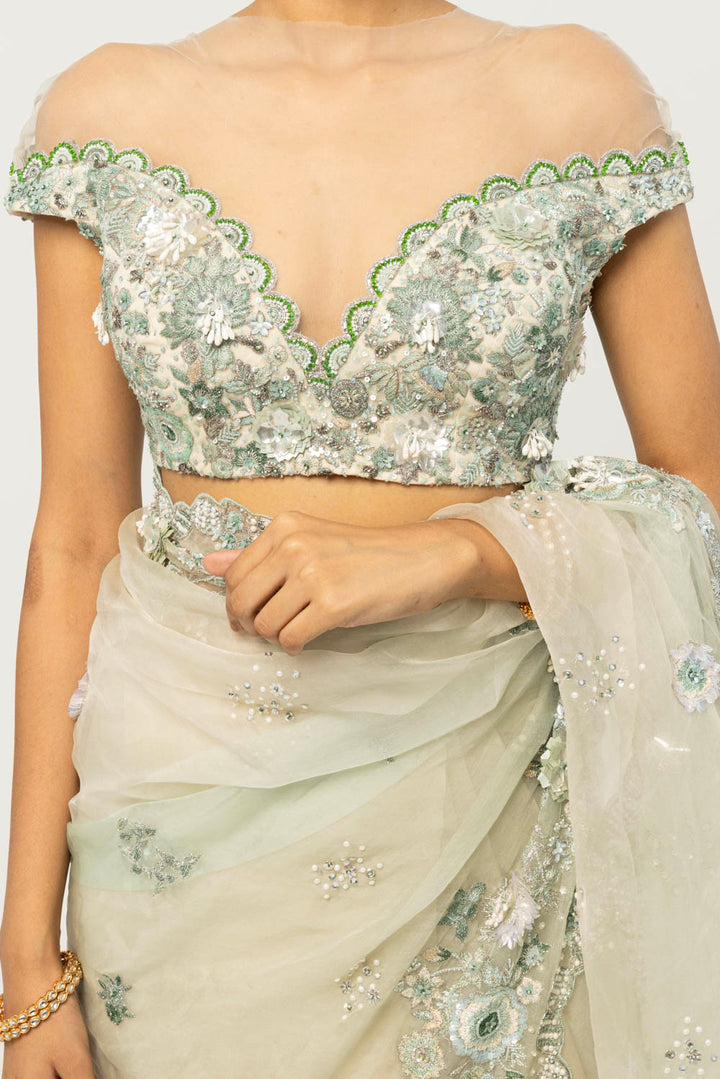 Himadri Hand-Embroidered Saree Set in Mint Ombre and Ivory
