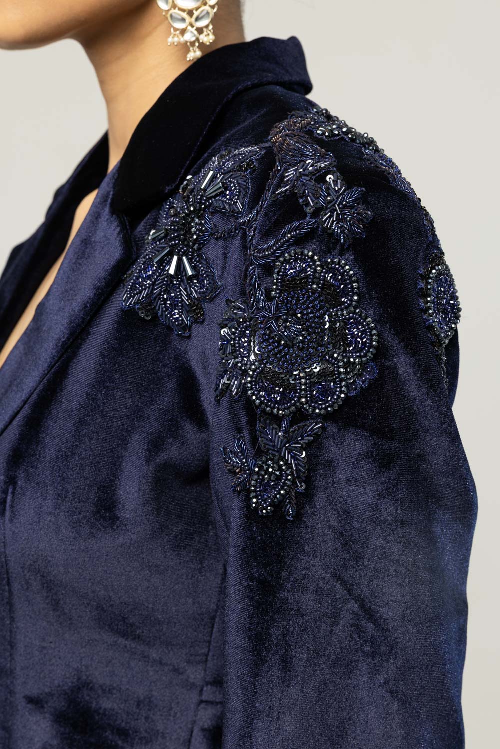 Anar Bel Hand-Embroidered Jacket in Navy