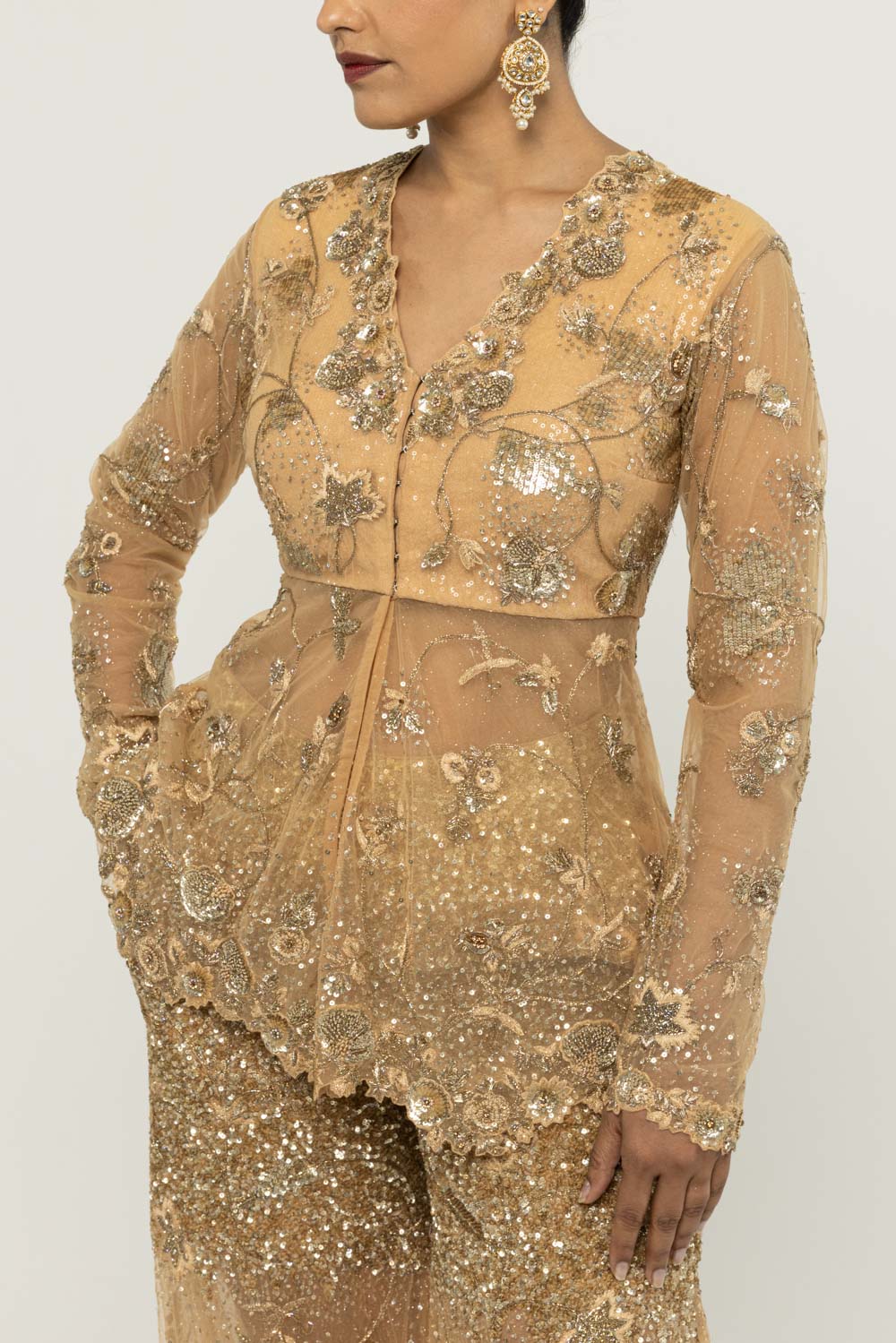 Anar Bel Hand-Embroidered Jacket Set in Nude