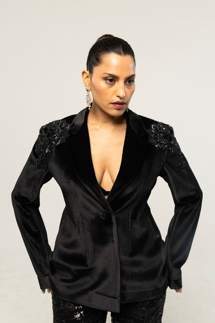 Anar Bel Hand-Embroidered Jacket in Black