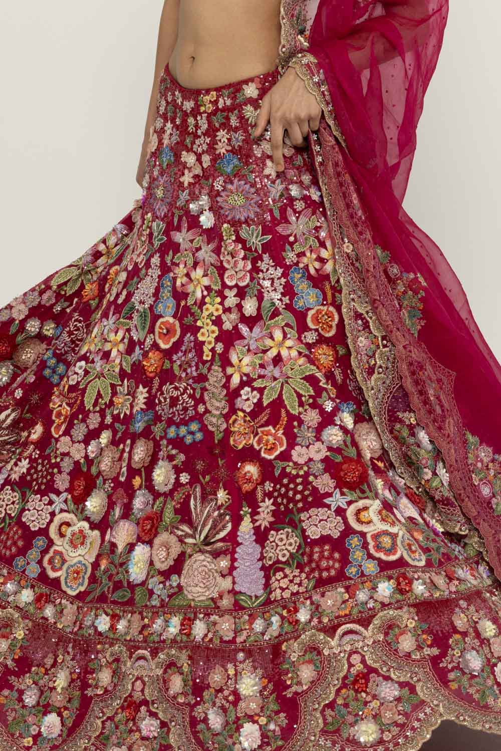 Himadri Hand-Embroidered Lehenga Set in Ruby