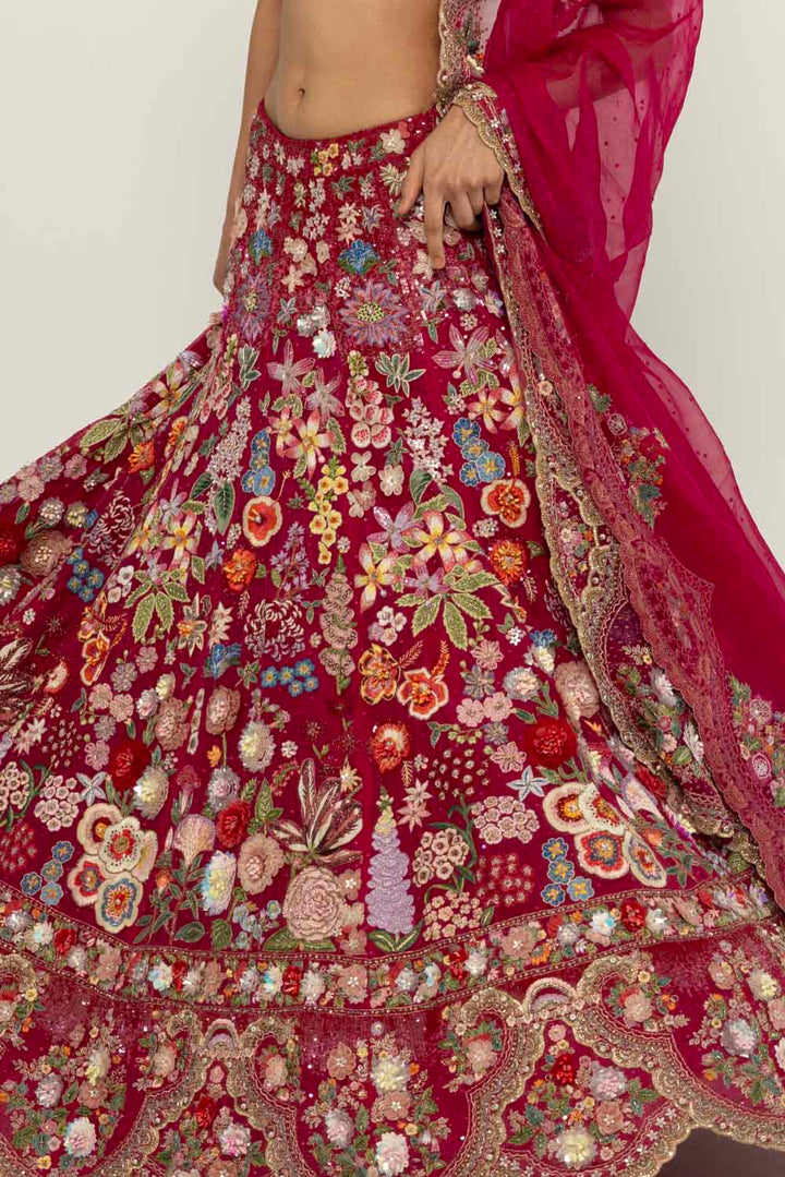 Himadri Hand-Embroidered Lehenga Set in Ruby