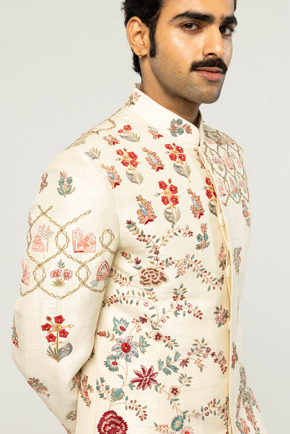 Chintz Hand-Embroidered Sherwani in Off White