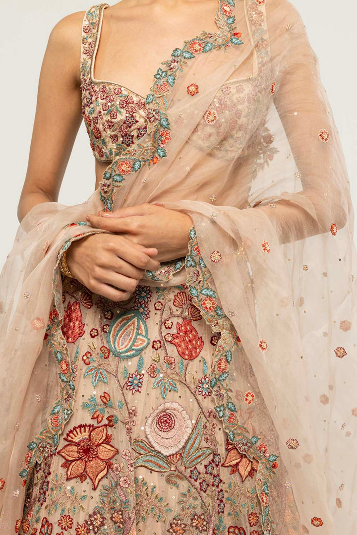 Chintz Hand-Embroidered Lehenga Set in Pastel Peach