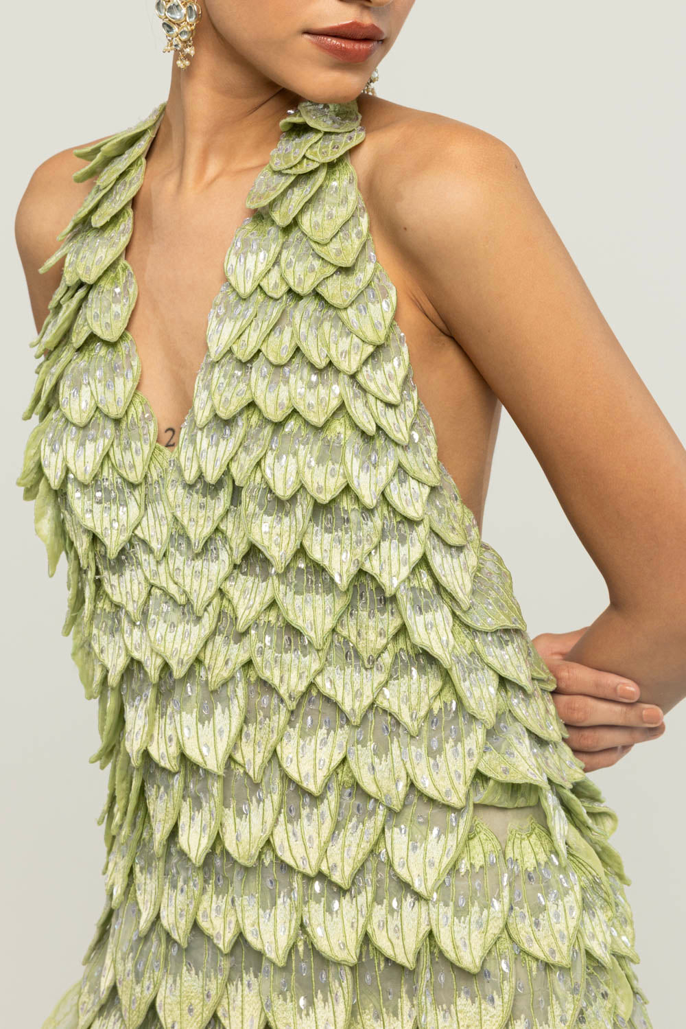 Medinilla Hand-Embroidered Gown in Mint