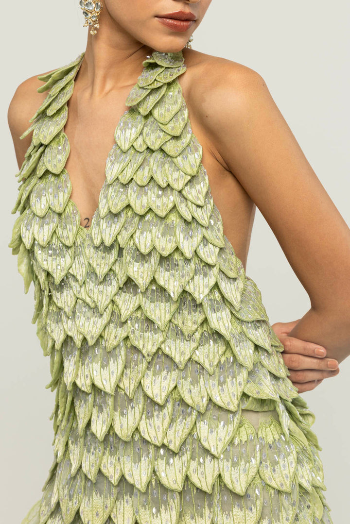 Medinilla Hand-Embroidered Gown in Mint
