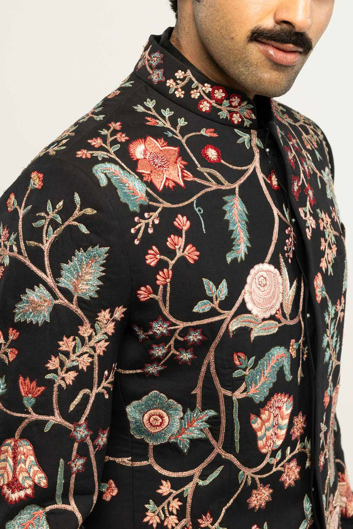 Anar Bel Hand-Embroidered Bandhgala in Black