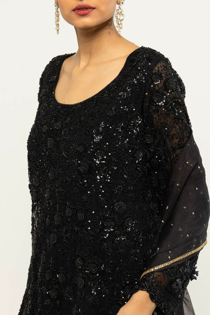 Himadri Hand-Embroidered Sharara Set in Black