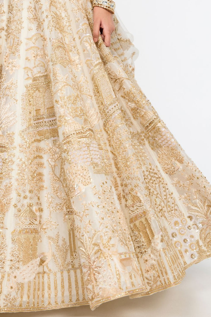 Jharokha Hand-Embroidered Lehenga Set with Blouse, Dupatta and Veil in Ivory
