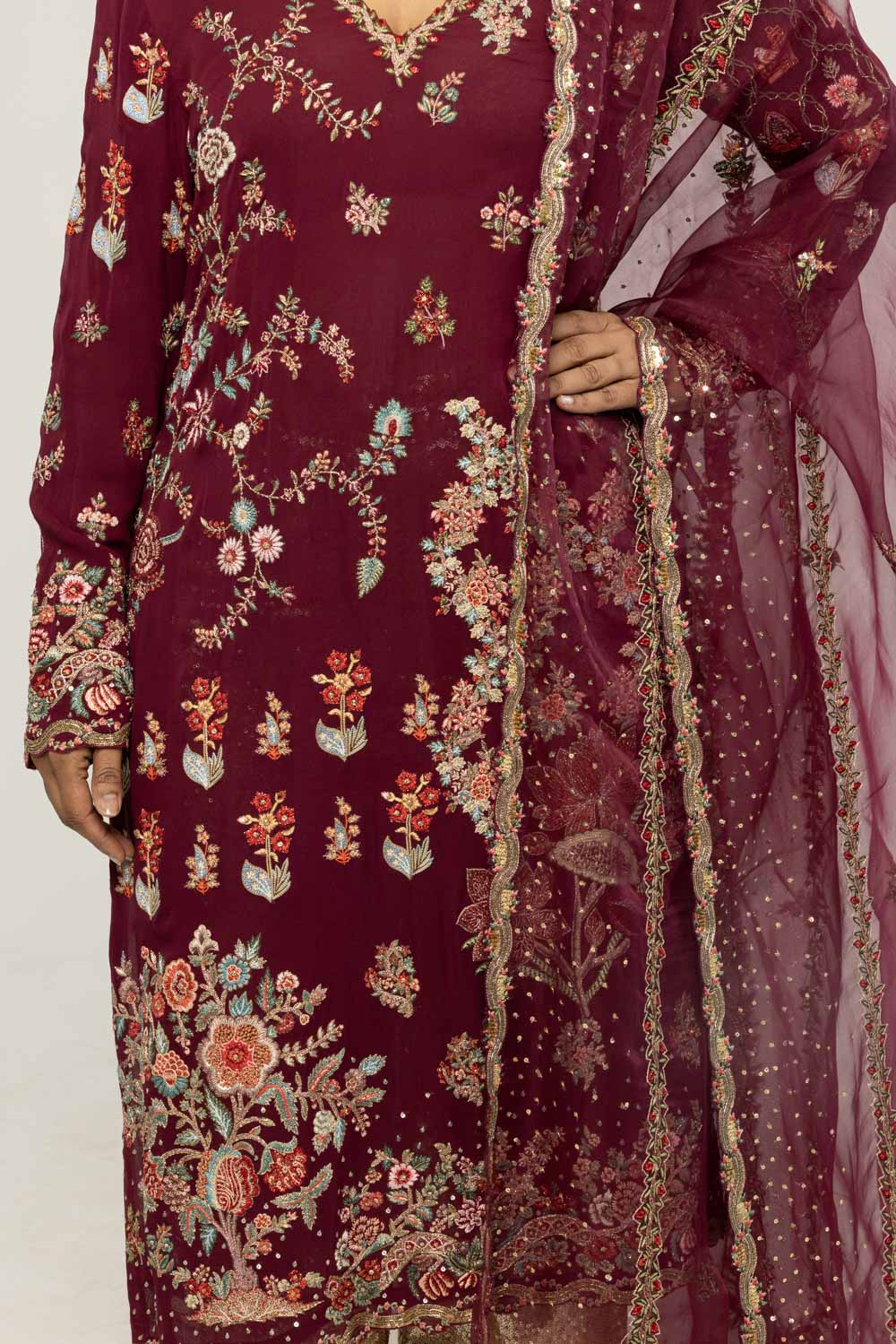 Chintz Hand-Embroidered Kurta Set in Burgundy