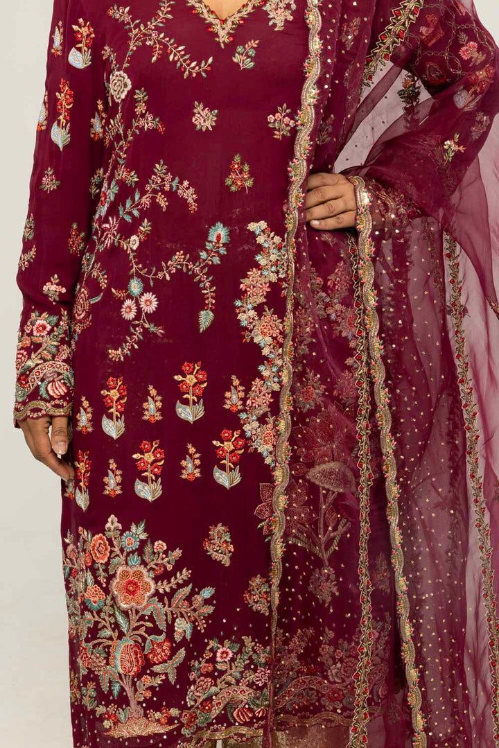 Chintz Hand-Embroidered Kurta Set in Burgundy