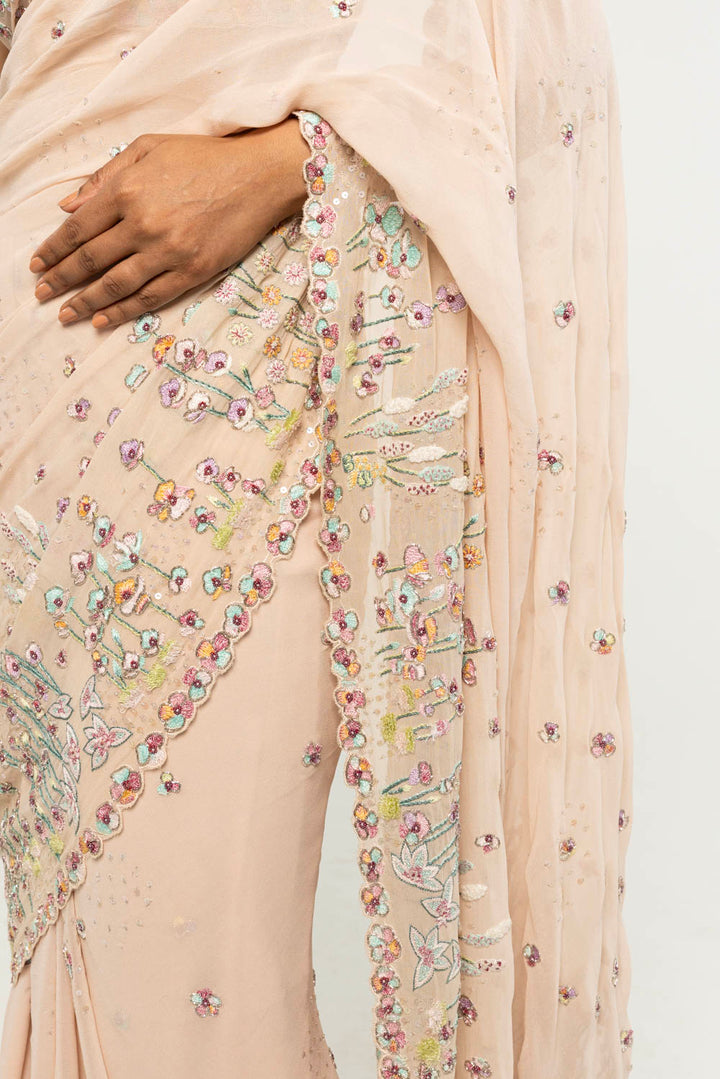 Verdure Hand-Embroidered Saree Set in Pale Pink