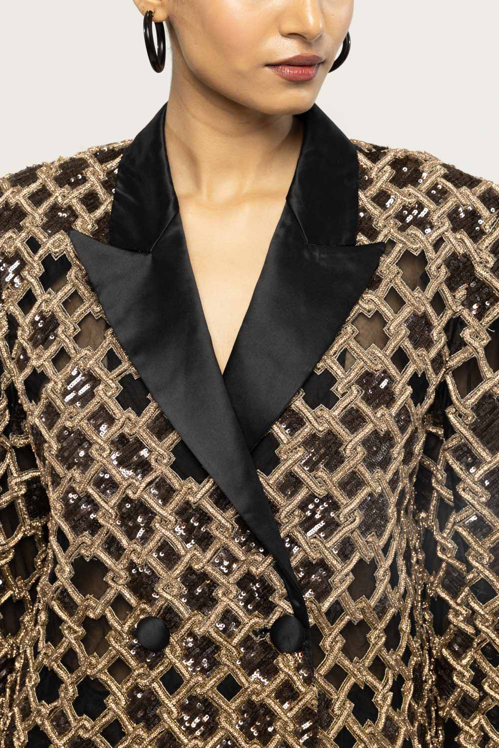 Lattice Hand-Embroidered Jacket in Black and Gold